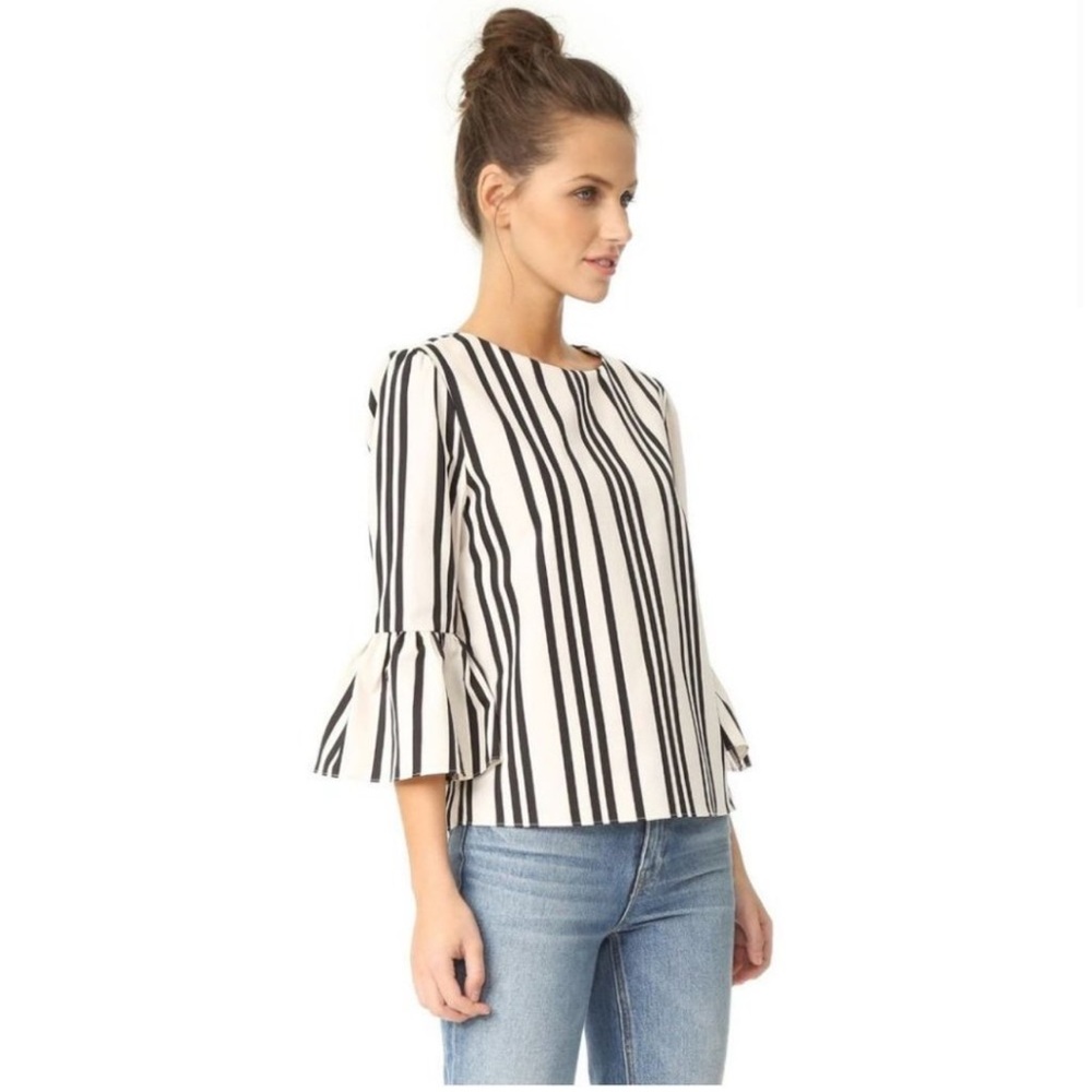Alice & Olivia Bernice Striped Ruffle-Sleeve Top Black White Size Small